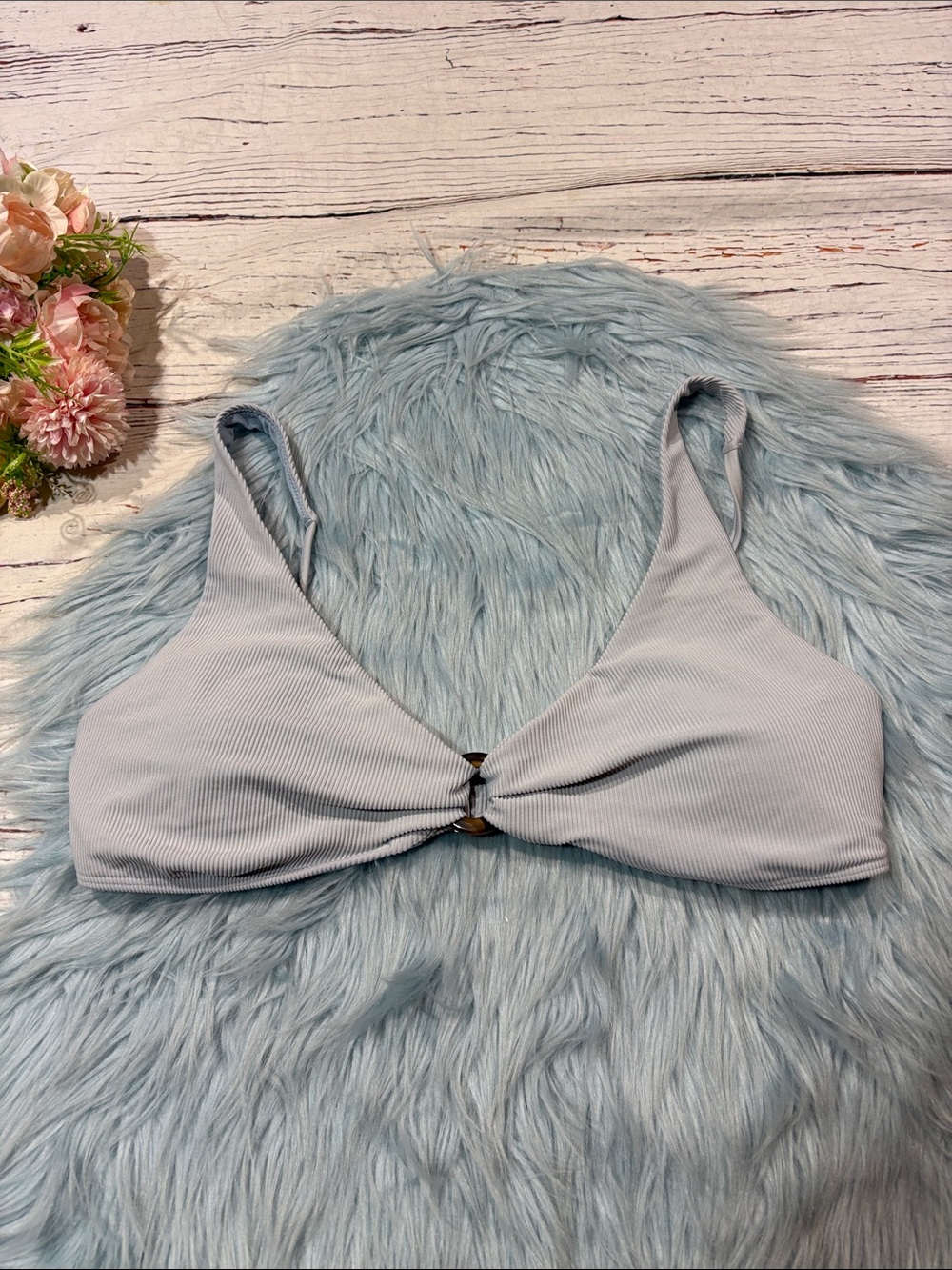 Abercrombie & Fitch Pale Dusty Blue Textured O Ring Bikini Top